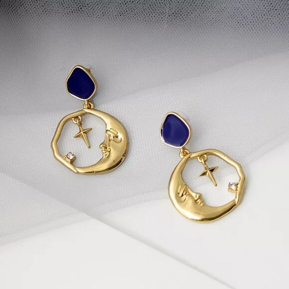 Moon Cross Blue Enamel Stone Crystal Gold Drop Statement Earrings - Picture 5 of 7